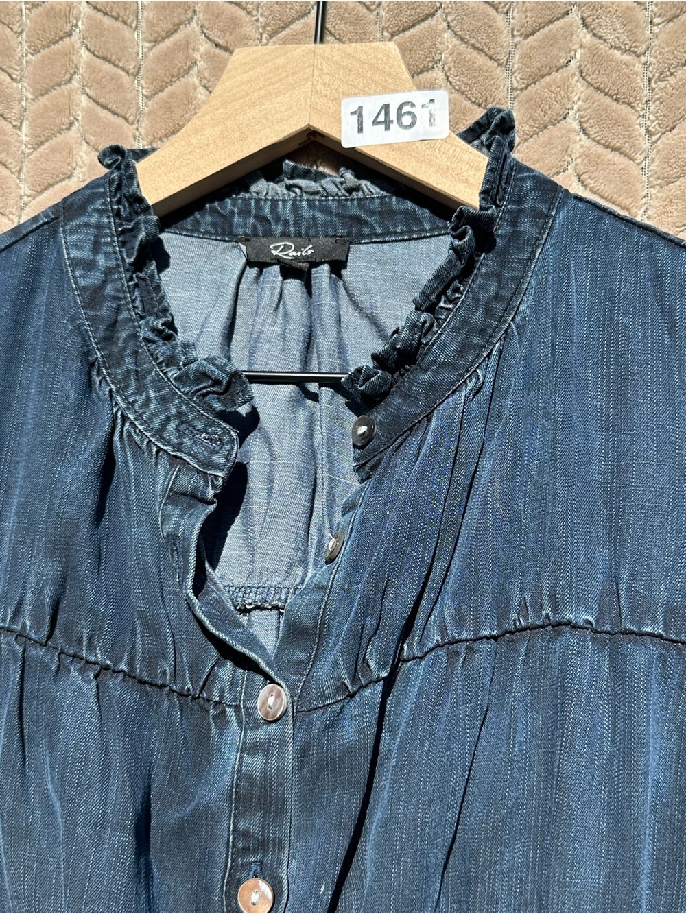 Rails Shawna Dark Vintage Tencel Denim Mini Dress XS Smocked Waist Ruffle Neck - Picture 5 of 11